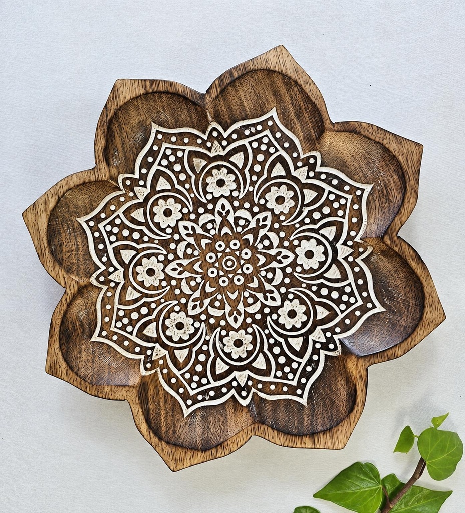 PLATE MANDALA WOOD TALL WHIT 26