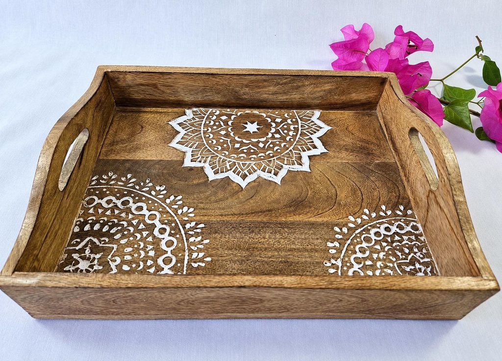 PLATEAU BOIS SCULPTÉE MANDALA 33X25