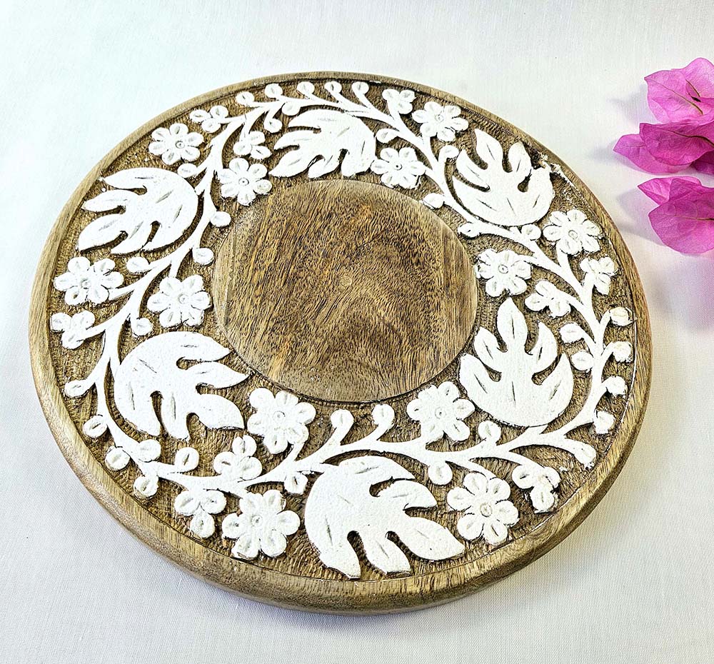 ASSIETTE BOIS SCULPTÉE FEUILLES 30 CM