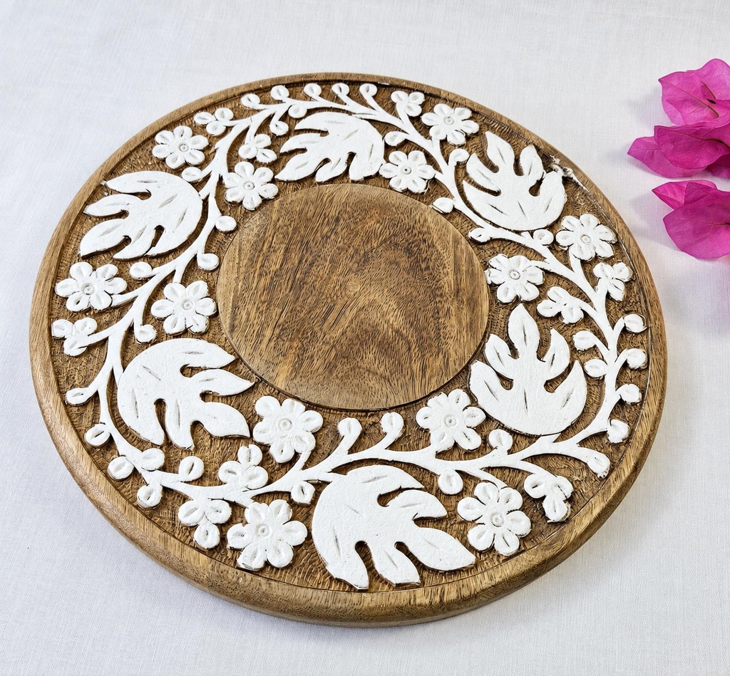 PLATE WOOD CARVED LEAVES 30 CM