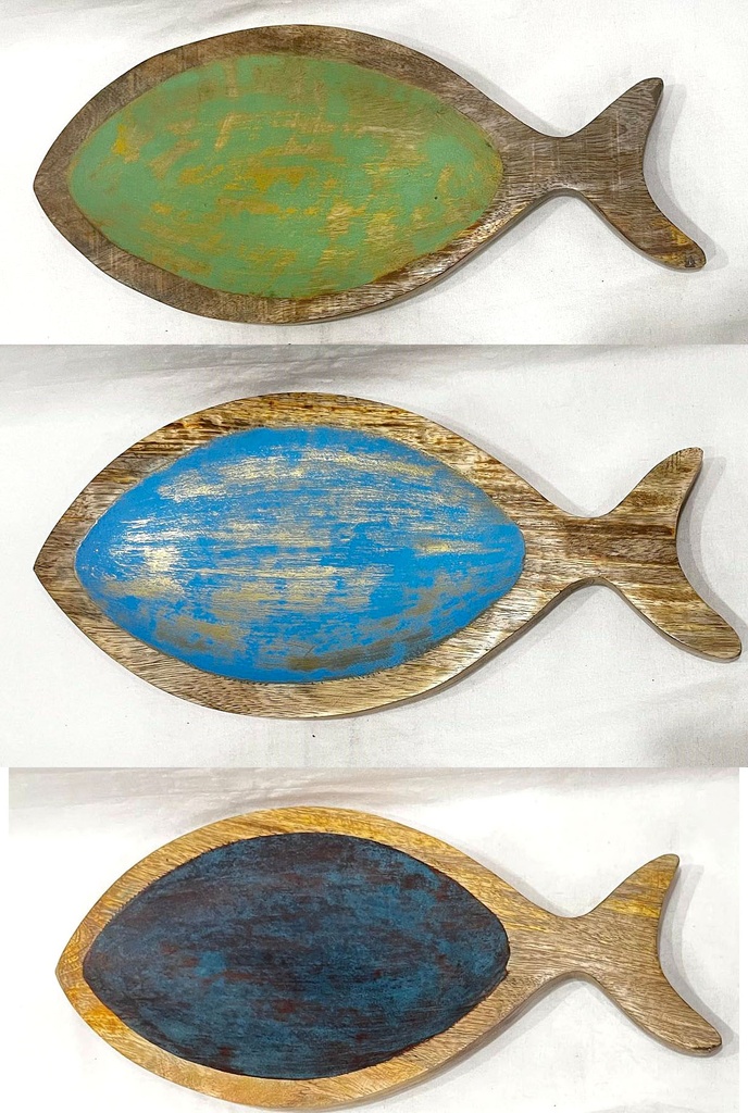 PECES OVAL MADERA PINTADA ANTIGUO L 38CM