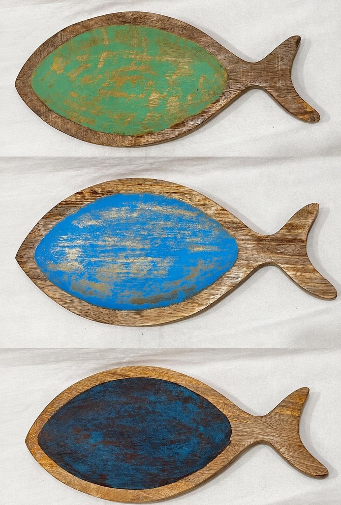PECES OVAL MADERA PINTADA ANTIGUO L 38CM