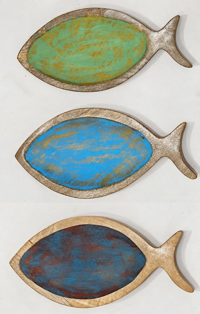 PEIXE OVAL MADEIRA PINTADA ANTIGUO M 30CM
