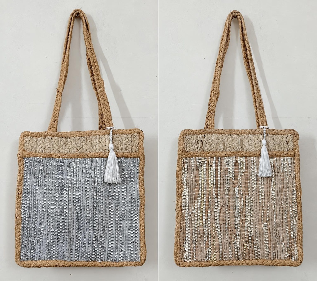 SAC DE JUTE CUIR OR ET ARGENT 35X22