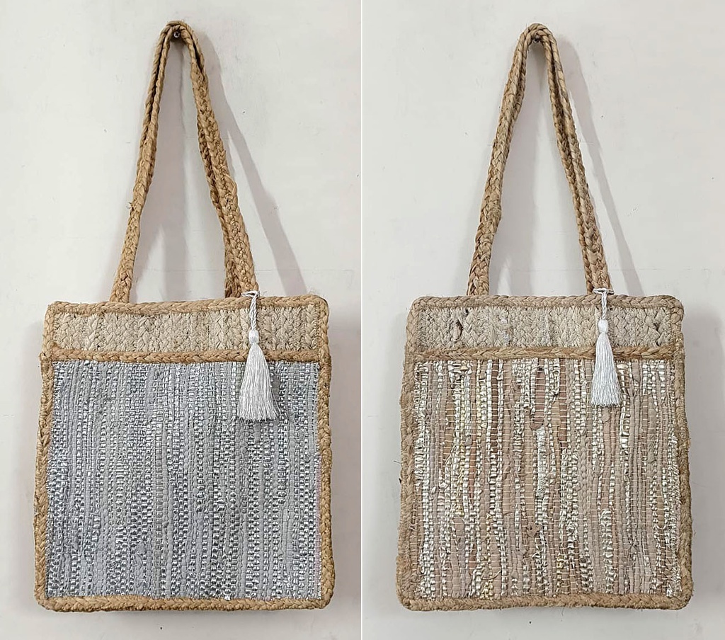 SAC DE JUTE CUIR OR ET ARGENT 35X22
