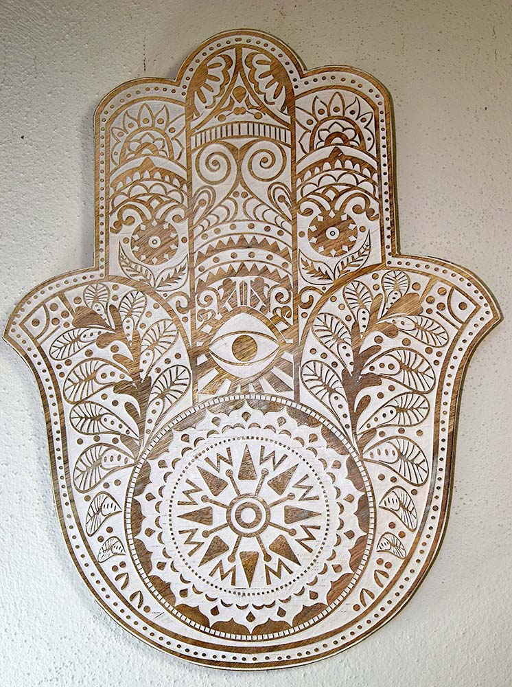 PLACA BOIS SCULPTÉE HAMSA 45 CM