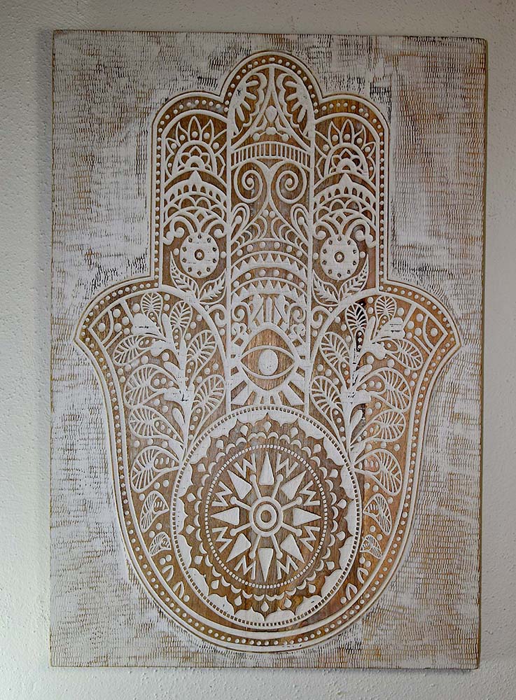 PLACA MADEIRA ENTALHADA HAMSA 60X40