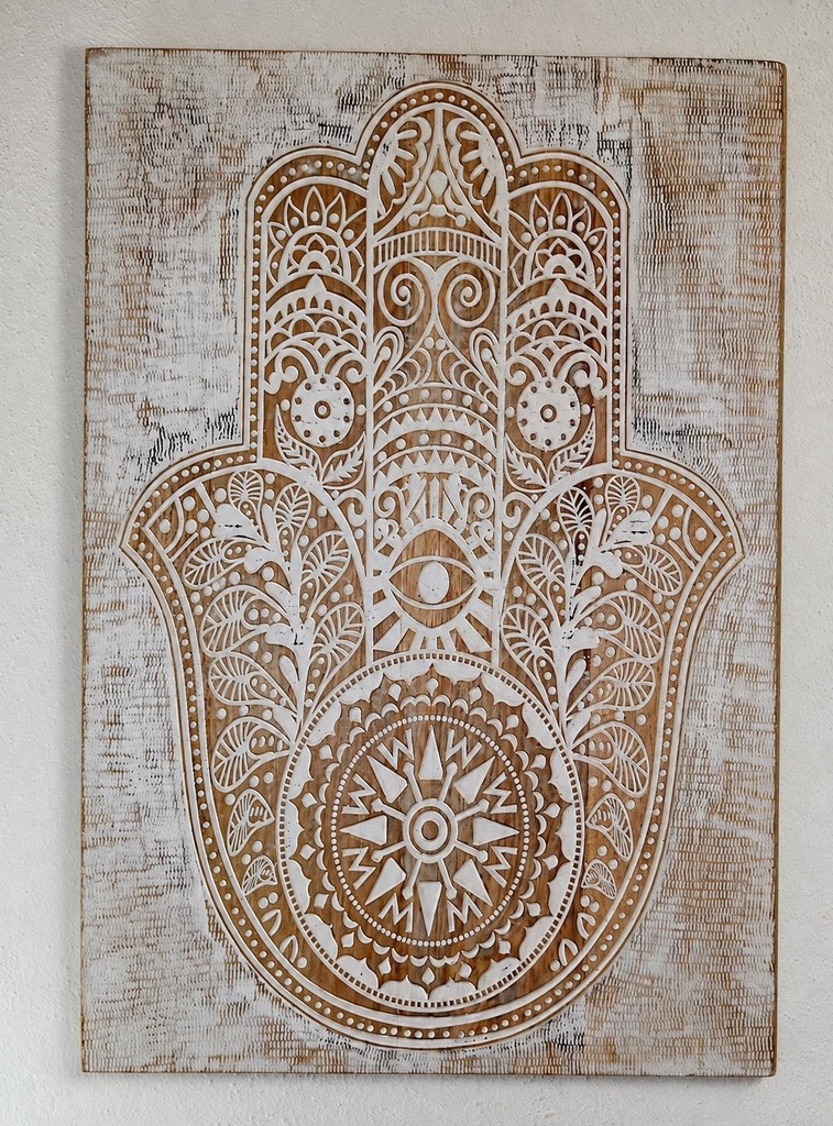PLACA MADERA TALLADA HAMSA 60X40