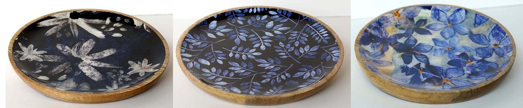 PLATE WOOD AND RESIN 25CM BLUE AND WHITE
