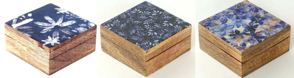 CAIXA MADEIRA E RESINA 10 CM AZUL E BRANCO