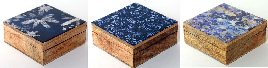 CAIXA MADEIRA E RESINA 14 CM AZUL E BRANCO