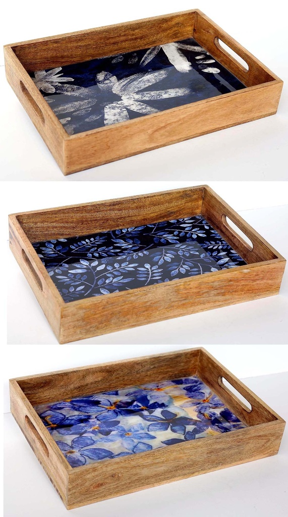 PLATEAU BOIS ET RÉSINE 38X26 BLEU ET BLANC