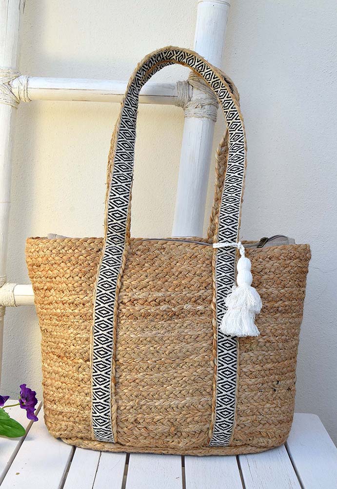 BOLSO NATURAL YUTE C/TEJIDO 45X30