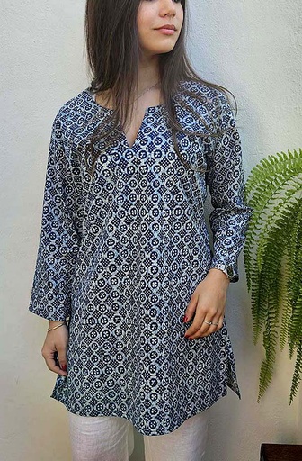 [4575132] KURTA LARGO COTON BLOCKPRINT