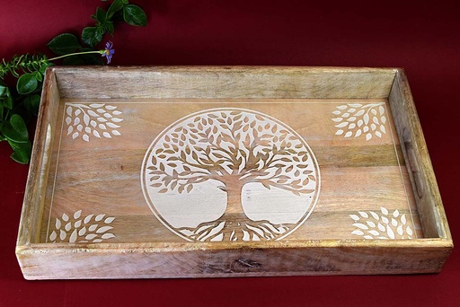 [9075280] TRAY WOOD CARVED TREE GLASS 38