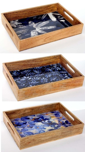 [9275042] BANDEJA MADERA Y RESINA 38X26 AZUL Y BLANCO