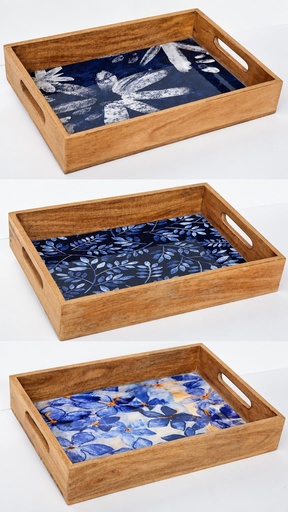 [9275042] PLATEAU BOIS ET RÉSINE 38X26 BLEU ET BLANC
